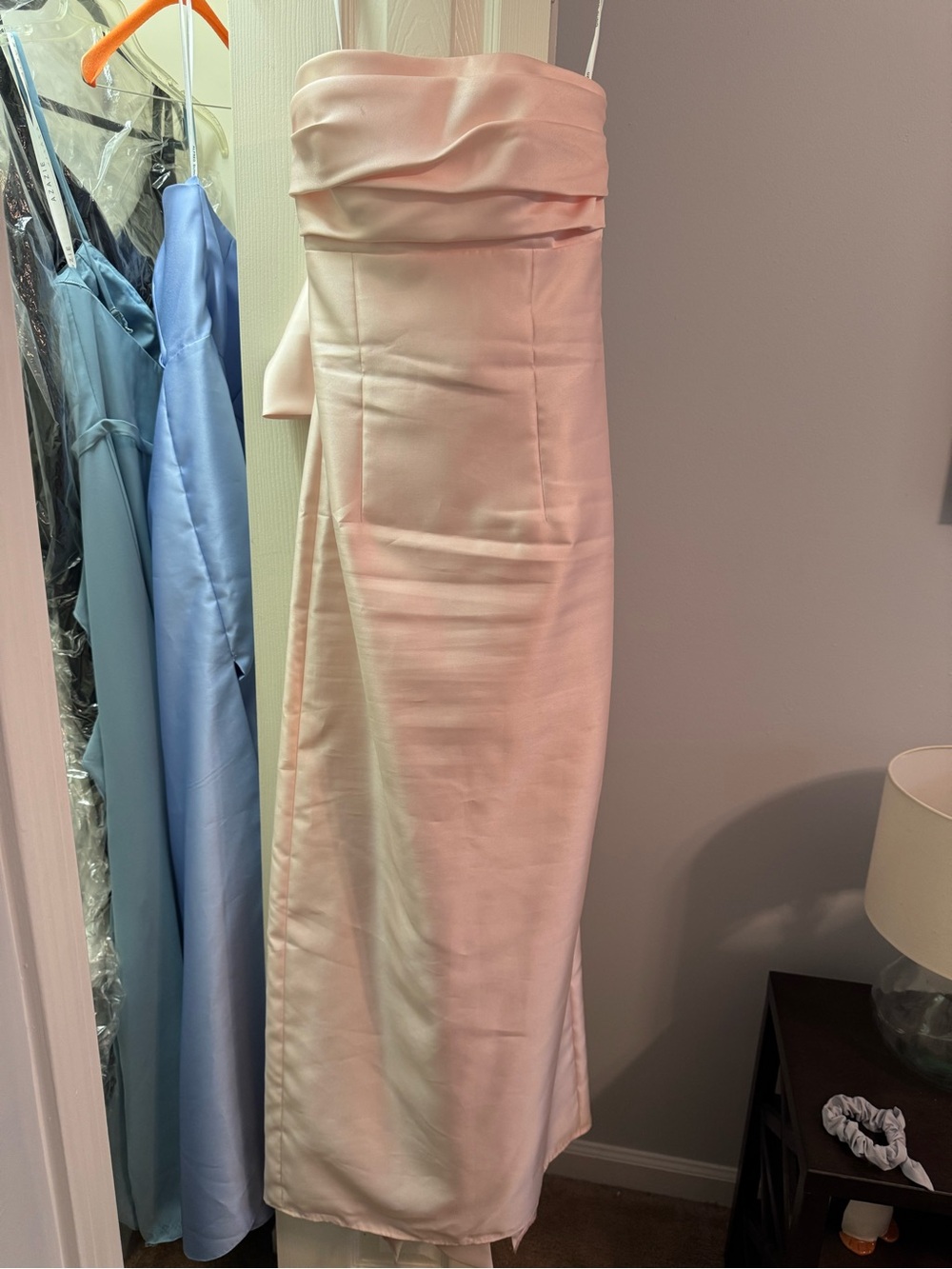 ALFRED SUNG Strapless Satin Gown in Pale Pink